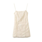 Solid Beige Plaid Embroidery Short Dress Sleeveless Sqaure Collar Casual Bow Women Dress 2025 New Sweet Chic Summer Vestidos