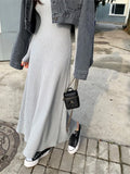Solid Color Simple Basic Long Dress Gray Black Casual Spring Autumn Dress Elegant Chic Round Neck A-line Ribbed Dress 2025 New