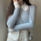 Y2K Zipper Front Rib Knit Top for Women Contrast Fuzzy Collared Zip-Up Sweater Crop Cardigan Autumn Winter Teen-girl 90s Outfit
