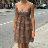 Pbong  Women Sequin Lace Edge Ruffled Mini Dress Multi-Layered Spaghetti Strap Sleeveless Cute Bow Short Dress Club Party