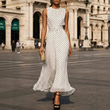 Elegant Polka Dot Long Dress Women Summer Fashion Sleeveless O-neck Maxi Dresses Casual