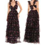 Pbong  Women Summer Floral Print Ruched Bust Sleeveless V-Neck Ruffle Layered Lace-up Backless Flowy A-Line Long Cake Dress
