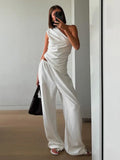 Fashion White Pant Sets Women's Sleeveless Slanted Shoulders Back Hollow Vest Lace Up Casual Trousers Two Pieces Set Lady