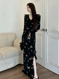 Women Black Print Long Sleeve Chic Ruffled V-Neck Maxi Dress Korean Vintage Party Dress Autumn Winter Elegant Evening Dress New