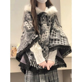Pbong  Black And White Plaid Oversized Fur Shawl Coat Women's Spring Autumn Thick Outerwear with Tassel Loose Coat for Ladies