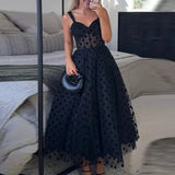Women Patchwork High Waist Party Dress New Luxury Mesh Suspender Folds A-line Dress Temperament Polka Dot Slim Long Dress