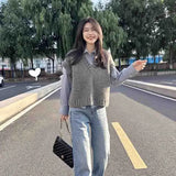 Gray Sweater Vest for Women Sleeveless V-Neck Knitted Vest Ladies French Chic Knitwear Tank Top Autumn Winter Casual Outfit