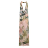 French Retro Style Tie Dye Printed Deep V-neck Hanging Neck Long Dress Sexy Party Dress Slim Women Summer Dresses New