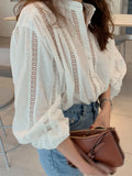 Pbong  White Blouse Women Temperament Korean Tops Stand Neck Long Sleeve Autumn Shirts Hollow Out Loose Blouses