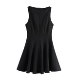 Round Neck Elagant Pleated Short Dress Solid Color Zipper Casual Women Dress 2025 New Summer Sleeveless Summer Tank's Dresses