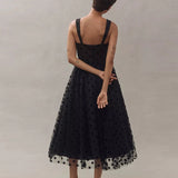 Women Patchwork High Waist Party Dress New Luxury Mesh Suspender Folds A-line Dress Temperament Polka Dot Slim Long Dress