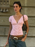 V Neck Short Sleeve T shirt For Women Lace Splice Puff Sleeve Top Slim Buttons Short T shirt Solid Sexy Hot Girl Tanks