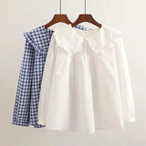 New Autumn Cotton White Shirts Women Student Sweet Tops Girl Peter Pan Collar Plaid Casual Cute Loose Blouses Spring T39132QM