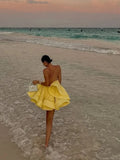 Sexy Backless Lace-up Loose Pleated Hem Mini Dress Women Sleeveless High Waist A-line Dresses New Yellow Vocation Partywear