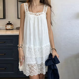 Pbong  Women Fairy Lace Mini Dress Y2k Floral Lace Trim Ruffle Short Dress Vintage Coquette Backless Mesh Babydoll Dresses
