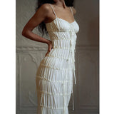 New Summer Chiffon Beige Solid Color Lace-ups Slim Slip Dress Ruffle Chic Party Beach Fashion Long Dress For Women
