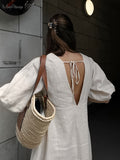 Elegant Beige Women Linen Dress Puff Sleeve Long Backless Button Dress Ladies V-Neck Cotton Dress Soft Fashion