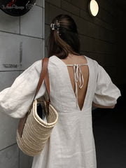 Elegant Beige Women Linen Dress Puff Sleeve Long Backless Button Dress Ladies V-Neck Cotton Dress Soft Fashion
