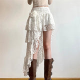 Boho Elegant Lace Skirt Women Tulle Vintage White Skirts Irregular Layered Street Summer Short Mid Skirt Korean Fashion