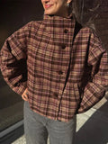 Pbong   Casual Plaid Stand Collar Jacket Women Loose Long Sleeve Single Breasted Pocket Female Jackets Autumn Winter Streetwear New