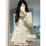 Sweet Tweed Mini Dress Women Elegant Ruffles Pleated A Line Dresses Vintage Korean Party Patchwork Bodycon Vestidos New