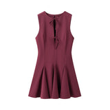 Deep V-neck Lace-up Short Dress 2025 New Zipper Hollow Out Sexy Summer Women Dress Solid Color Fashion Chic Pleated Tank's Dress