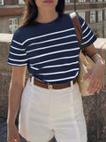 Women Striped Casual Versatile T-Shirt Graphic Tees Round Neck Loose Classic Short Sleeve Vacation Entertainment Commuter Top