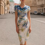 Pbong  Sexy Bodycon Midi Dress Women Summer Fashion Short Sleeve Floral Print Slim Dresses Elegant