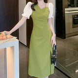 Temperament Sweet Summer Dresses Women's V-Neck Button Pleated Patchwork Split Elegant Short Sleeve Slim Midi Fairy A-line Dress