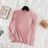 Gold Button Pullovers Sweater Women Long Mock Neck Fitted Knit Top Soft Jumper Streetwear Sweater Fall Winter Layered Outfit
