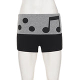 Pbong  Casual Musical Note Pattern Contrast Color Shorts Y2K Aesthetics  Folds Elastic  Waist Slim-Fitting Mini Bottom Summer Wear