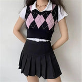 Vintage Plaid Sweater Vest Women V-neck Sleeveless Tank College Style Knitting Pullovers Tops for Daily