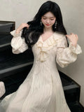 Autumn Elegant Solid Ruffles Fairy Dresses Korean Fashion Slim  A Line Midi Dress Women Princess Party Vestidos New