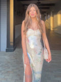 Retro Sequin Printed Tube Long Dress Women Sexy Sleeveless Slim Knotted Slit Party Dresses Lady Chic Street Vestidos