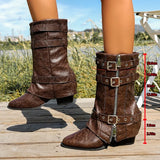 Pbong  Pointed Toe High Heel Booties Women Fall Winter New Block Heel Fashion Boots Metal Belt Buckle Vintage Fashion Pant Tube Boots