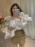 Preppy Youthful Elegant Cropped Blouses Women Korean Dongdaemun Puff Long Sleeve Ruffle Top Luxury High Quality 2024