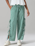 Pbong  Women Plaid Wide Leg Pants Side Tie-Up Hollow-Out Loose Straight Trousers Bottoms Spring Summer Fashion Casual Sweatpants