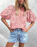 Pbong  Fashionable Casual Lace Embroidery Women's Shirt V-Neck Button Hollow out Lantern Sleeve Summer Top Cross-Border Clothing