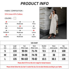 Elegant Beige Women Linen Dress Puff Sleeve Long Backless Button Dress Ladies V-Neck Cotton Dress Soft Fashion