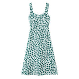 Pbong  Vintage Women Green Dot Leopard Print V neck Tank Dress Elastic Back Slim Waist Slit Hem Midi Long Dresses Summer Vestidos Robe
