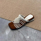Pbong  womens Woven Thin Strap Slippers Summer New Square Toe Open Toe Cutout Breathable Non-slip Wear-resistant Low Heel Shoes