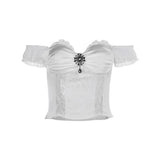 Gothic Bride Off-Shoulder Strap Cropped Top for Women Vintage Style Elegant Spicy Girls Versatile T-Shirt.