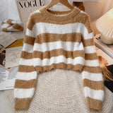 Fuzzy Knit Striped Sweater Pullovers for Women Soft Warm Long Sleeve Crew Neck Crop Knit Top Y2k Teen-girl Autumn Winter Outfit