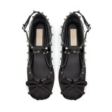 Pbong  V family riveted satin ballet shoes female new bow French single shoes flat bottom Mary Jane princess shoes