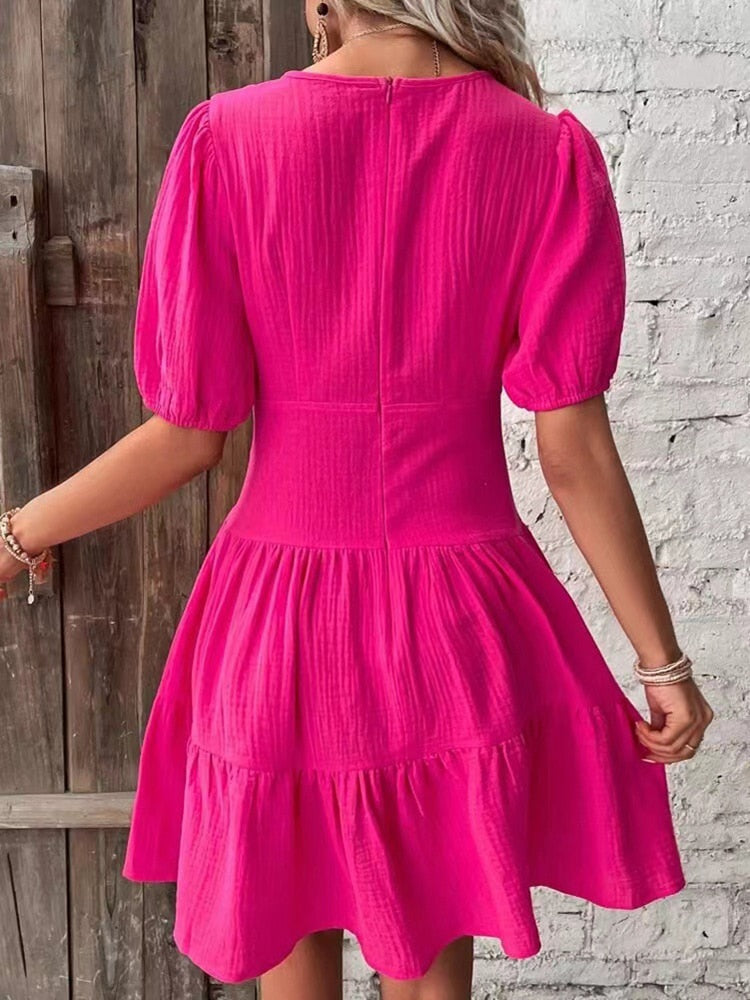 Elegant Midi Dresses For Women Summer Casual V Neck Puff Sleeve Ruffle Beach Dress Fashion Red Simple A-line New In Dresses