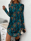 Pbong  Women's Long Sleeve Floral Print Bodycon Dress, Teal Vintage Ditsy Pattern, Casual Chic Mini Dress