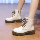 New Fashion Thick Sole Women's Boots Large Size Women's Shoes Black Keep Warm Fleece Platform Lace-up Ankle Boots 4875