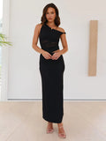 Slanted Shoulders Hollow Sexy Long Dress Woman Solid Sleeveless Mesh Splice Slim Dress Fashion New Lady Vacation Clothes