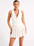 Fashion Pleated Skirt Two Piece Set For Women V Neck Sleeveless Tops And Pleated Mini Skirt Femme Elegant Skirt Sets