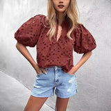 Pbong  Fashionable Casual Lace Embroidery Women's Shirt V-Neck Button Hollow out Lantern Sleeve Summer Top Cross-Border Clothing